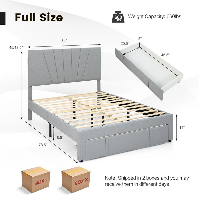 Full/Queen Size Upholstered Bed Frame with Drawer and Adjustable Headboard by DirectDeals