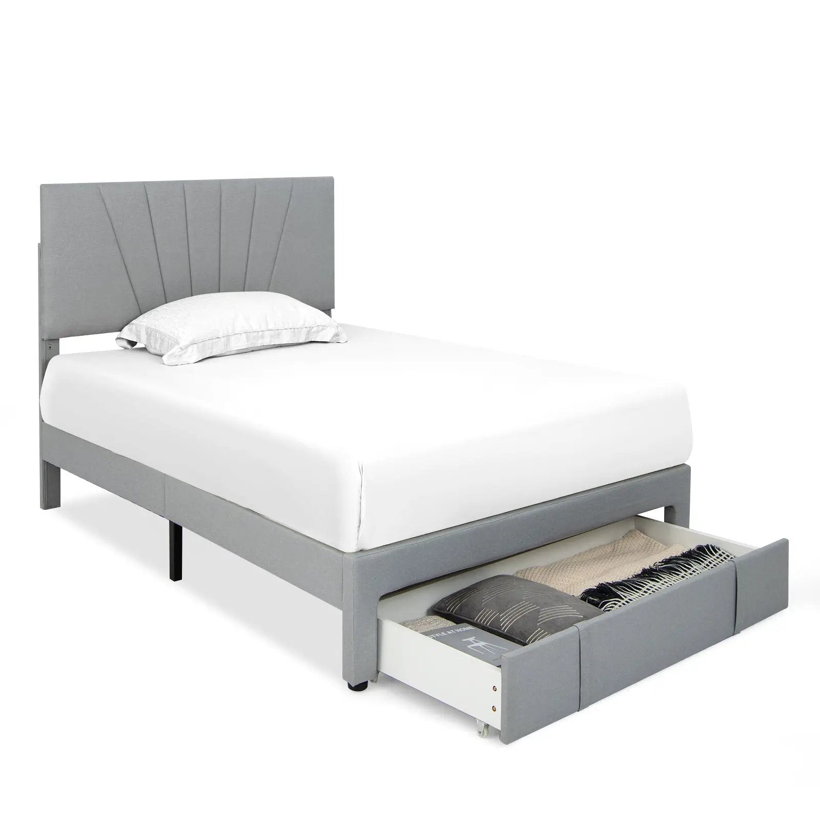 Full/Queen Size Upholstered Bed Frame with Drawer and Adjustable Headboard by DirectDeals