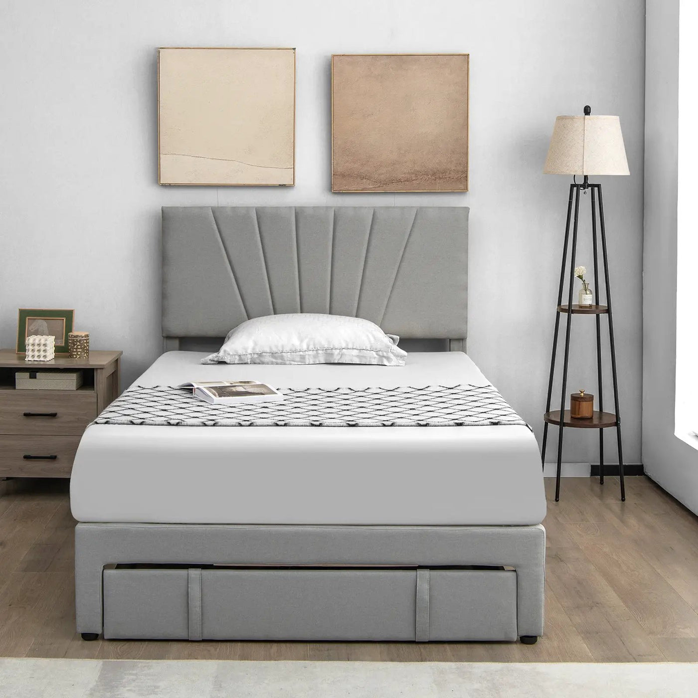 Full/Queen Size Upholstered Bed Frame with Drawer and Adjustable Headboard by DirectDeals