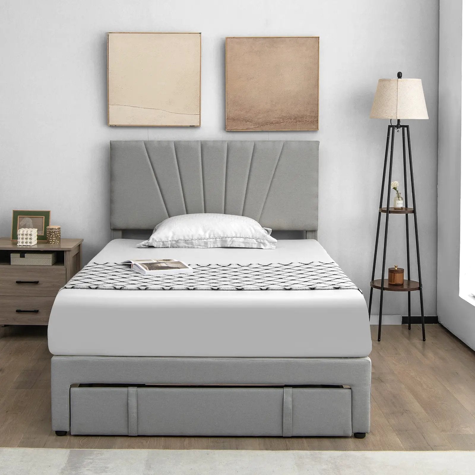 Full/Queen Size Upholstered Bed Frame with Drawer and Adjustable Headboard by DirectDeals