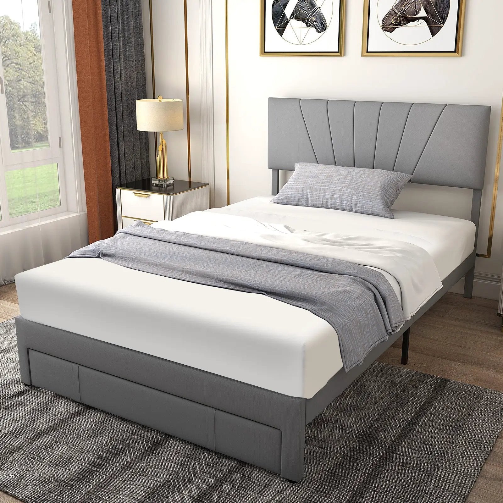Full/Queen Size Upholstered Bed Frame with Drawer and Adjustable Headboard by DirectDeals