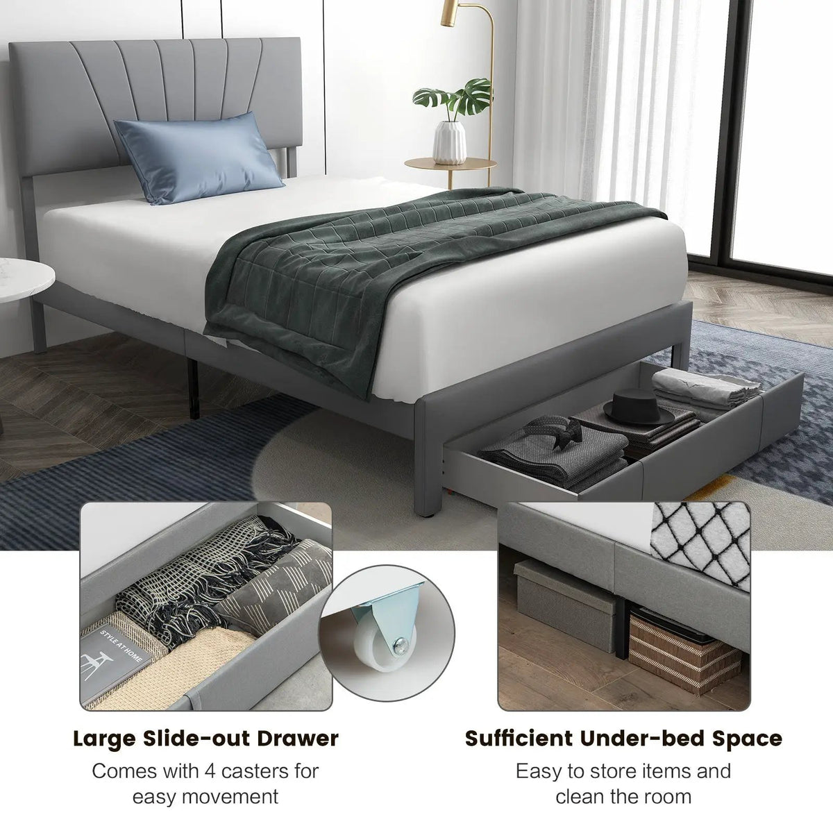 Full/Queen Size Upholstered Bed Frame with Drawer and Adjustable Headboard by DirectDeals