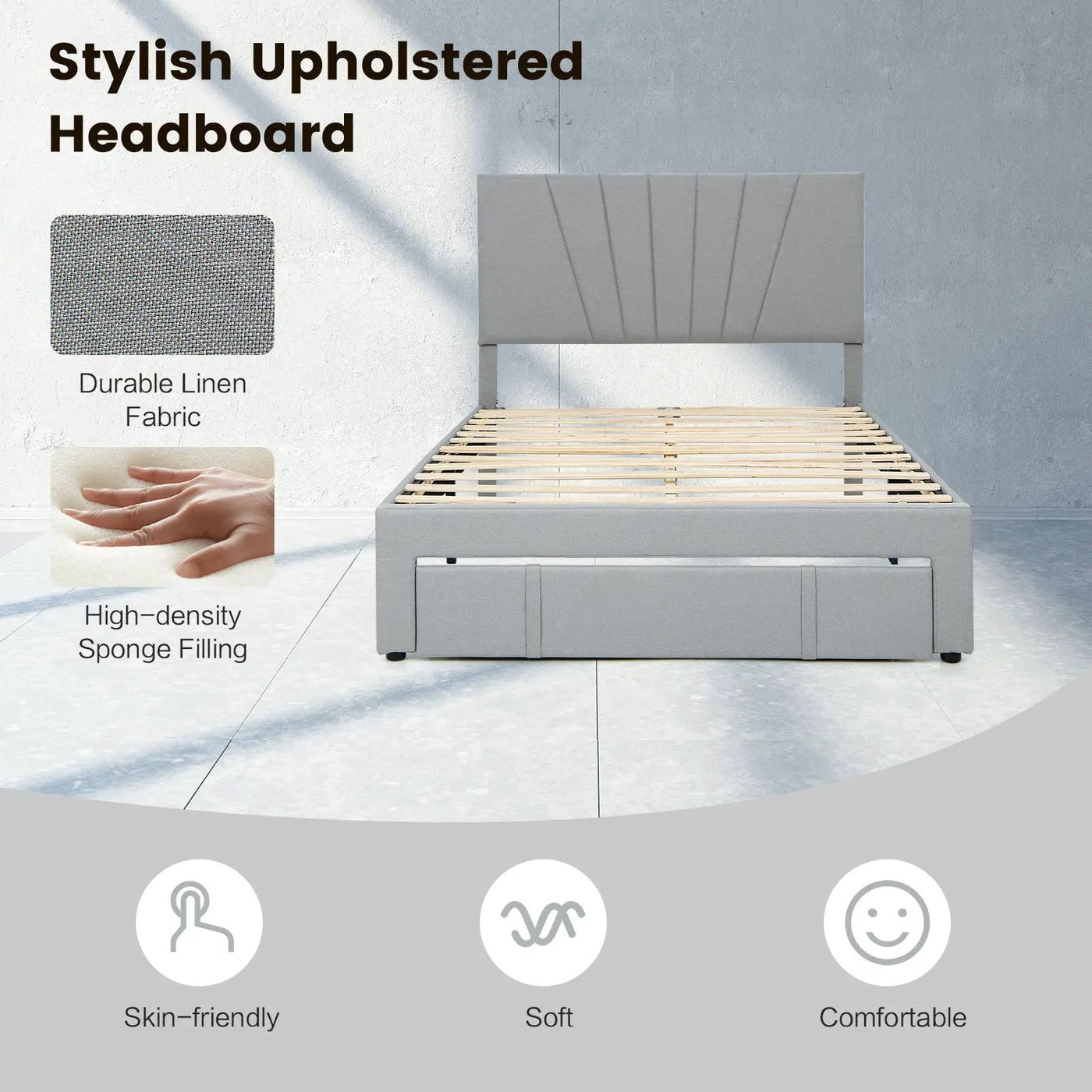 Full/Queen Size Upholstered Bed Frame with Drawer and Adjustable Headboard by DirectDeals