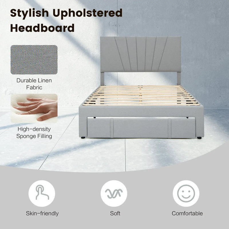 Full/Queen Size Upholstered Bed Frame with Drawer and Adjustable Headboard by DirectDeals