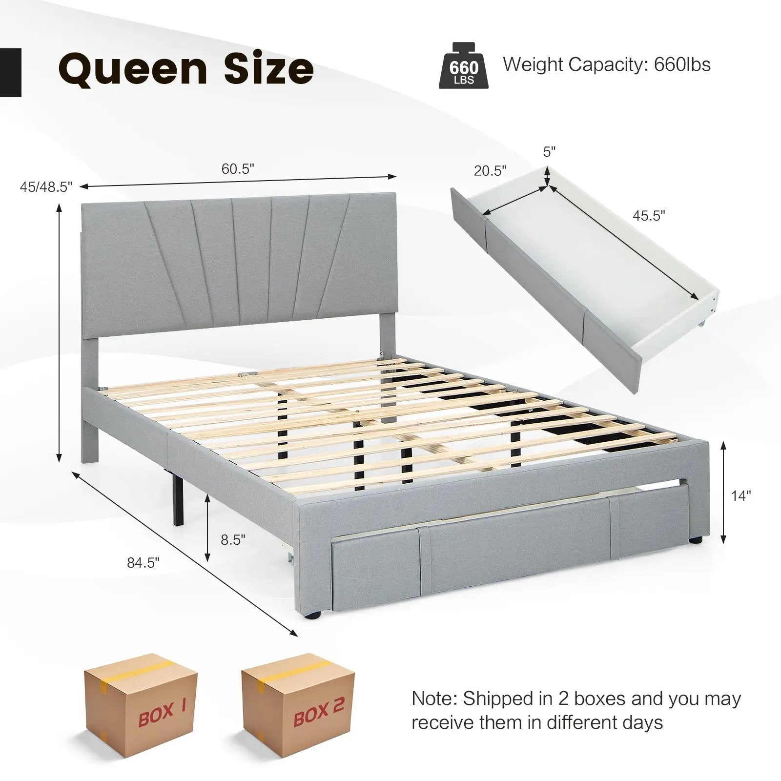 Full/Queen Size Upholstered Bed Frame with Drawer and Adjustable Headboard by DirectDeals