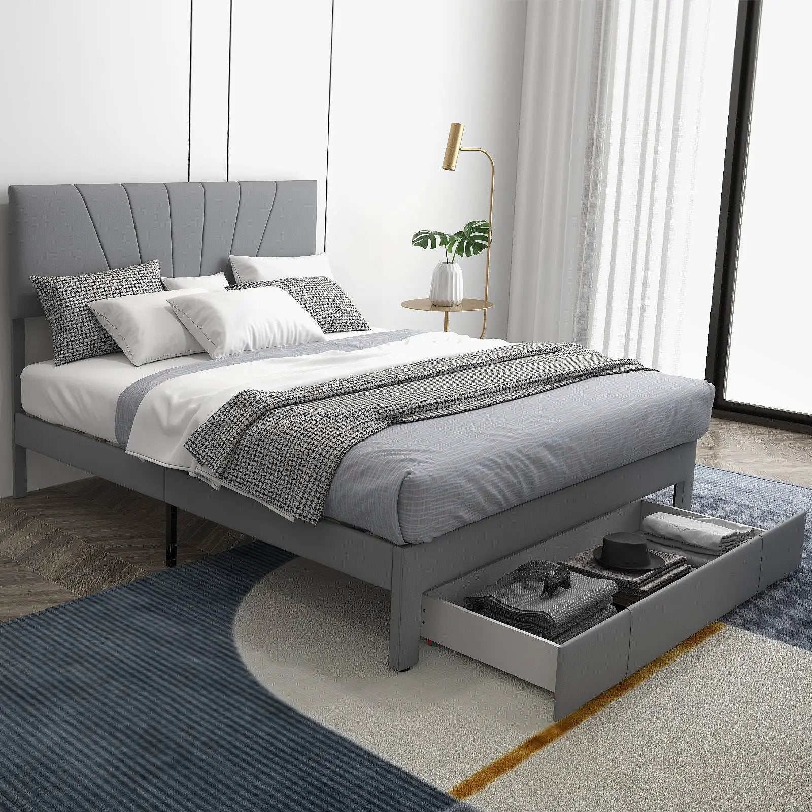 Full/Queen Size Upholstered Bed Frame with Drawer and Adjustable Headboard by DirectDeals