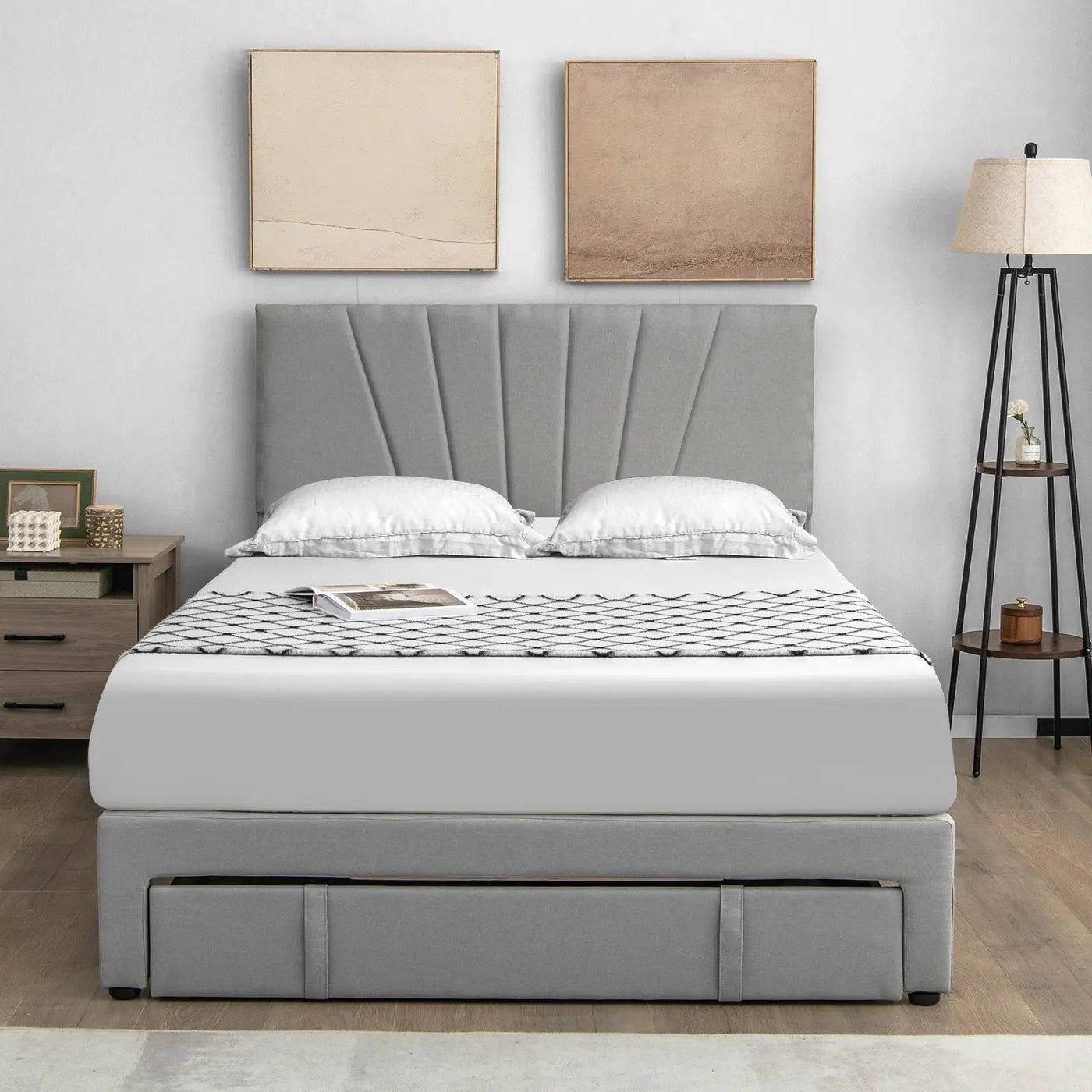 Full/Queen Size Upholstered Bed Frame with Drawer and Adjustable Headboard by DirectDeals