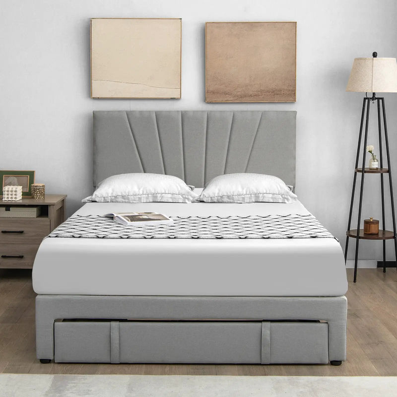 Full/Queen Size Upholstered Bed Frame with Drawer and Adjustable Headboard by DirectDeals
