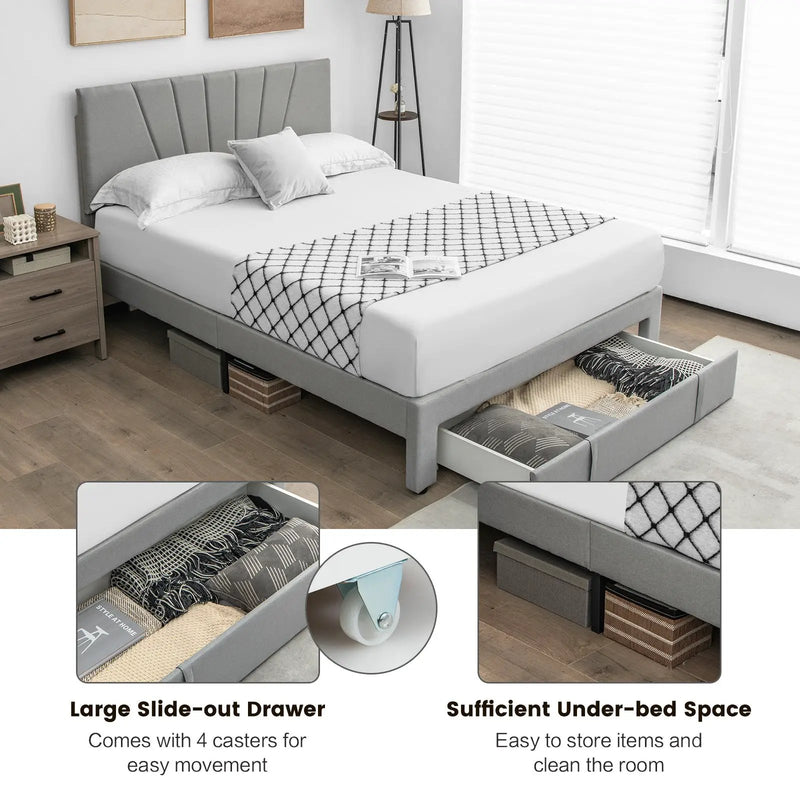 Full/Queen Size Upholstered Bed Frame with Drawer and Adjustable Headboard by DirectDeals