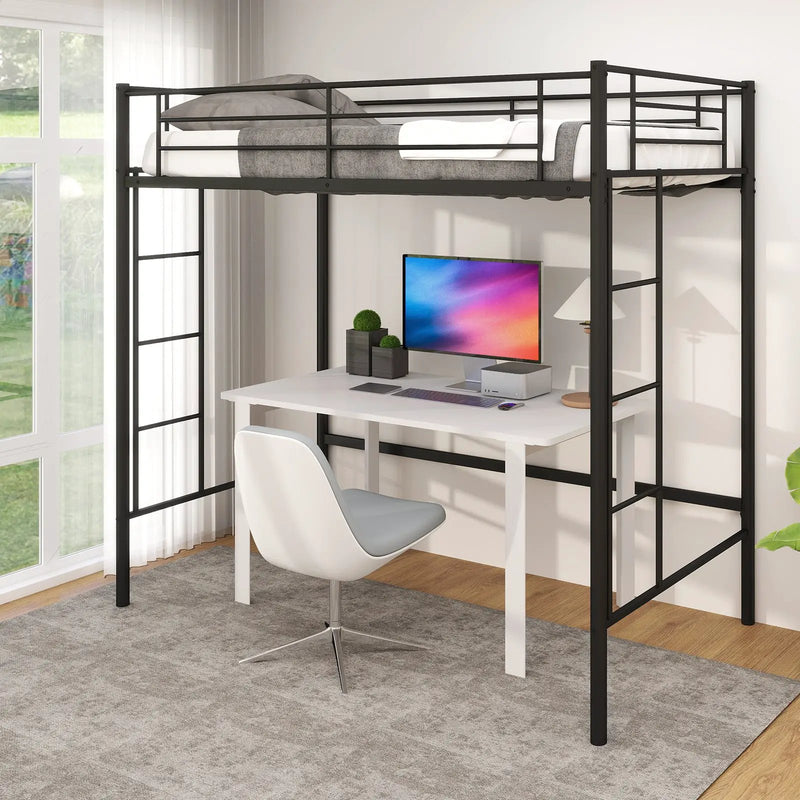 Twin Loft Bed Frame with 2 Ladders Full-length Guardrail by DirectDeals