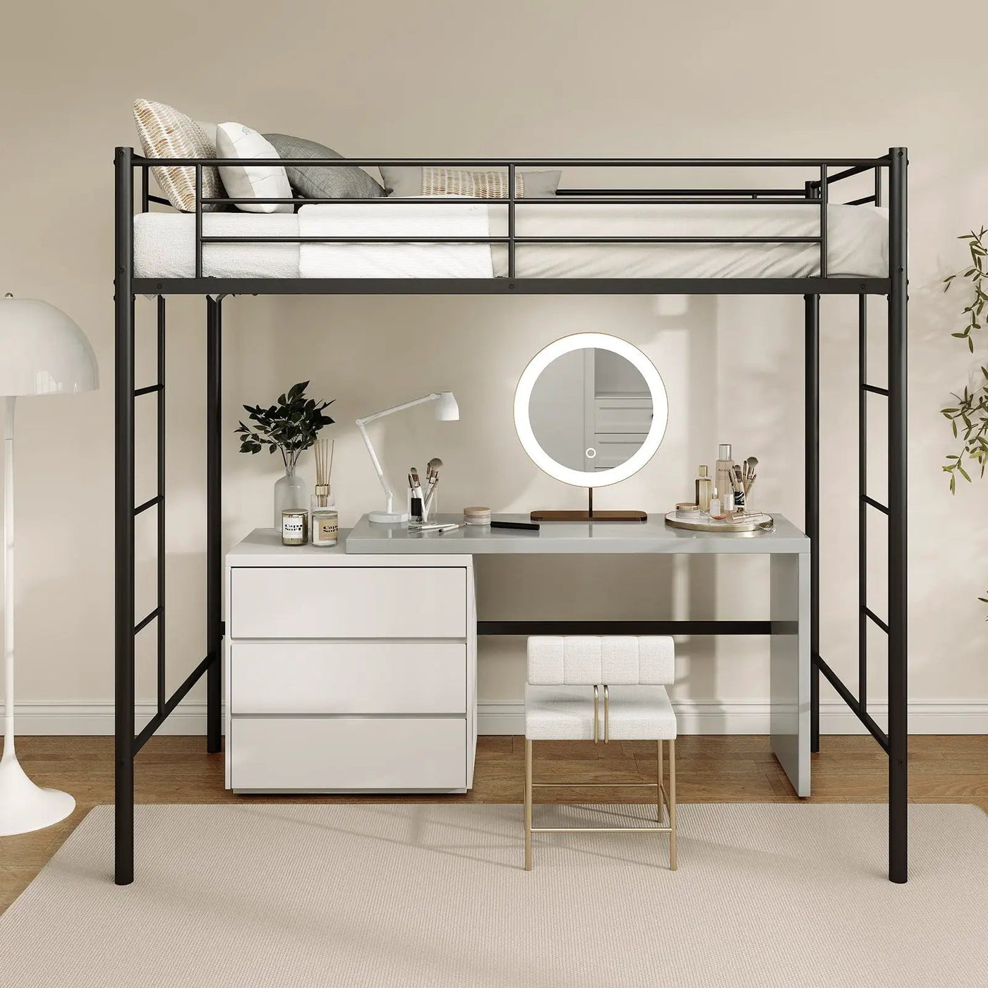 Twin Loft Bed Frame with 2 Ladders Full-length Guardrail by DirectDeals