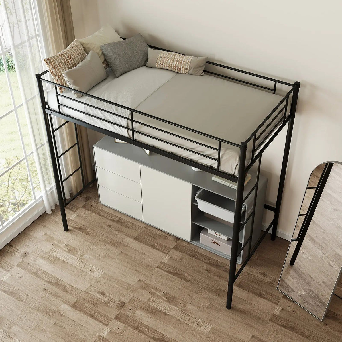 Twin Loft Bed Frame with 2 Ladders Full-length Guardrail by DirectDeals