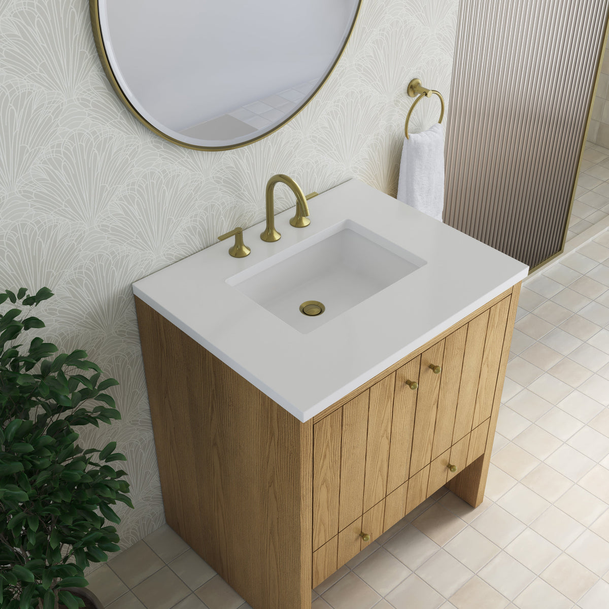 James Martin Hudson 30" Single Bathroom Vanity, Light Natural Oak with White Zeus countertop
