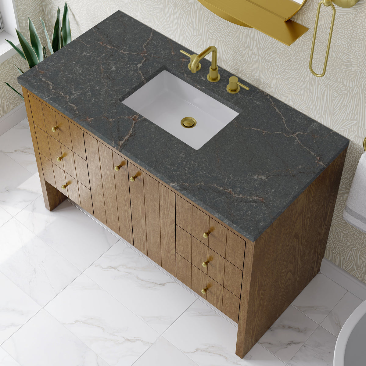 James Martin Hudson 48" Single Bathroom Vanity, Honey Oak with Parisien Bleu countertop