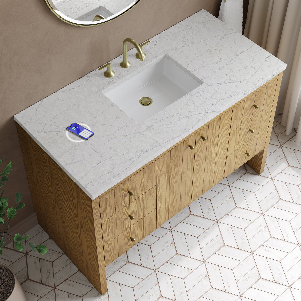 James Martin Hudson 48" Single Bathroom Vanity, Light Natural Oak with Eternal Jasmine Pearl (FreePower) countertop
