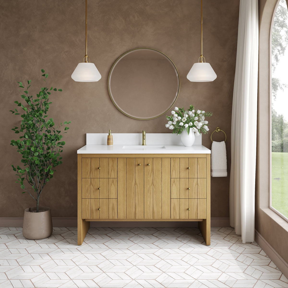 James Martin Hudson 48" Single Bathroom Vanity, Light Natural Oak with White Zeus (Single Hole, with Backsplash) countertop