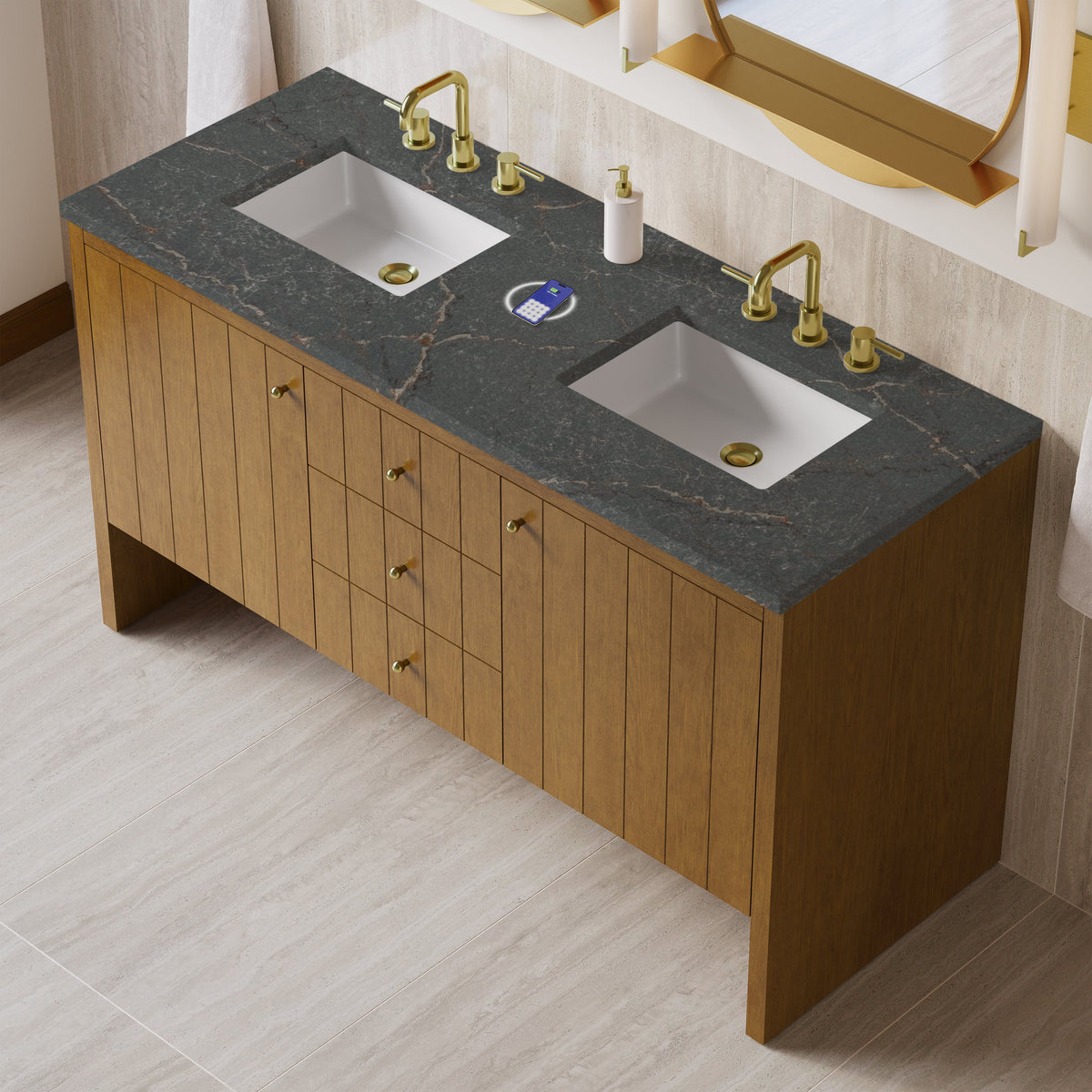 James Martin Hudson 60" Double Bathroom Vanity, Honey Oak with Parisien Bleu (FreePower) countertop