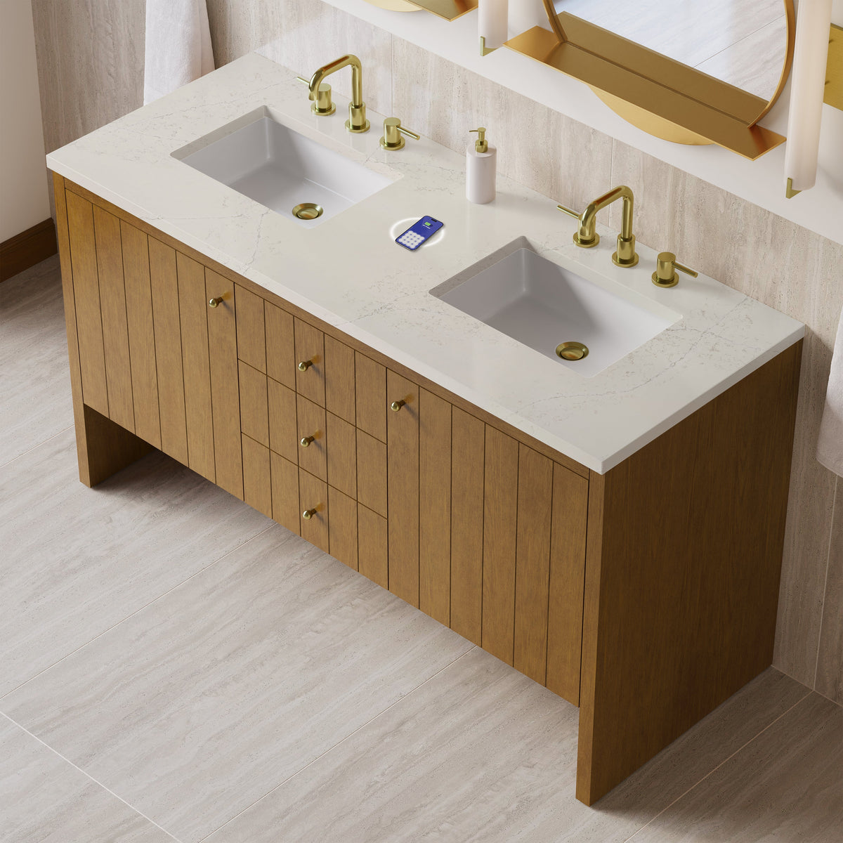 James Martin Hudson 60" Double Bathroom Vanity, Honey Oak with Siberian (FreePower) countertop