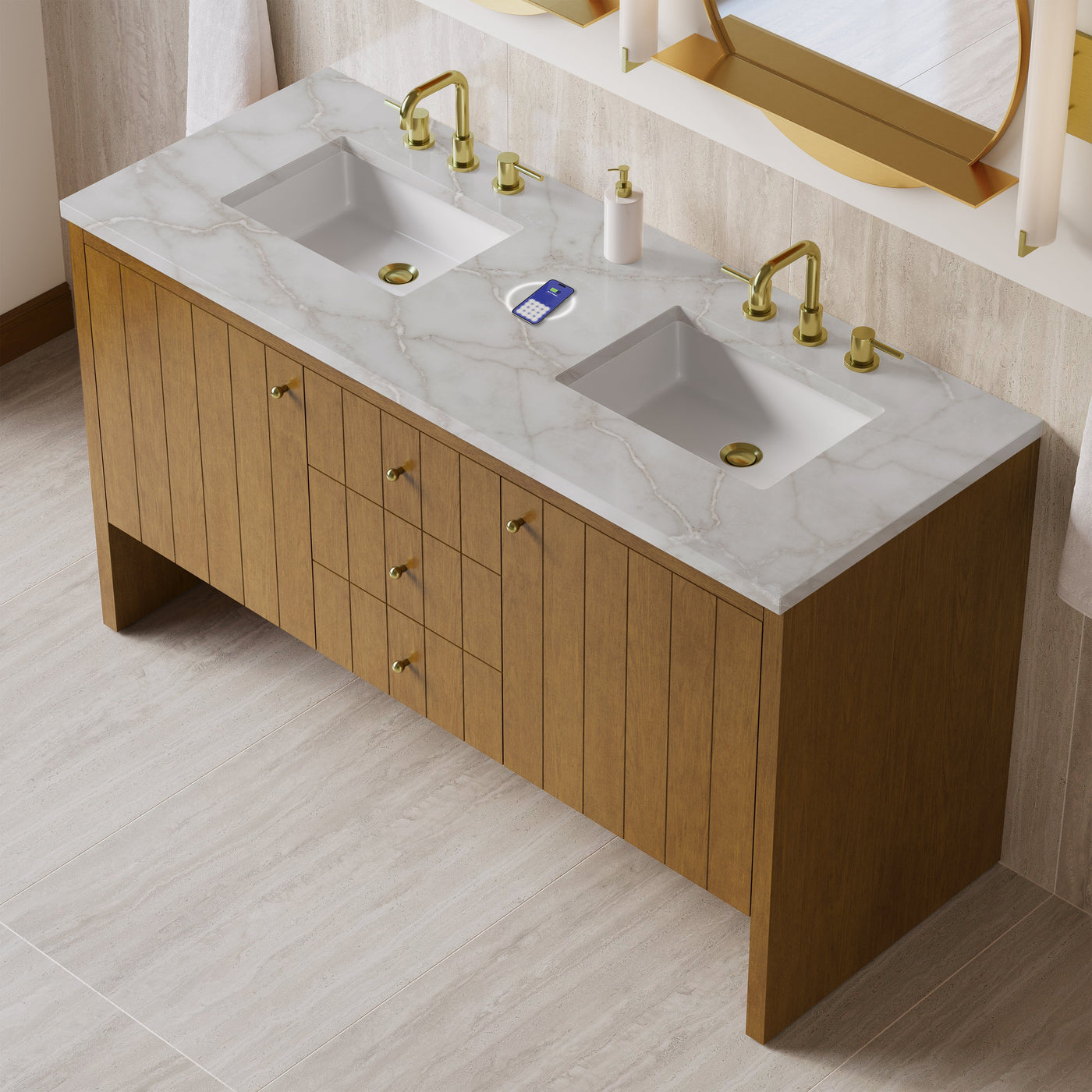 James Martin Hudson 60" Double Bathroom Vanity, Honey Oak with Victorian Silver (FreePower) countertop