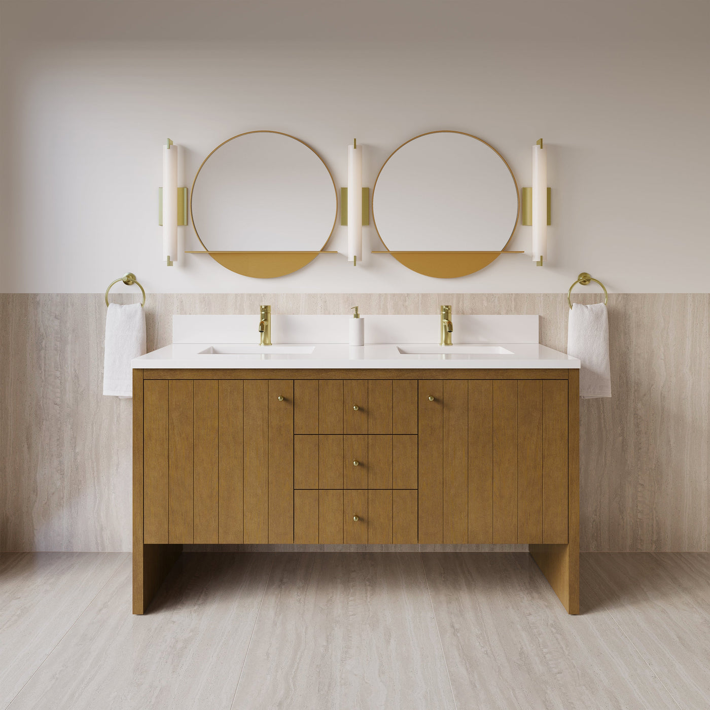 James Martin Hudson 60" Double Bathroom Vanity, Honey Oak with White Zeus (Single Hole) countertop