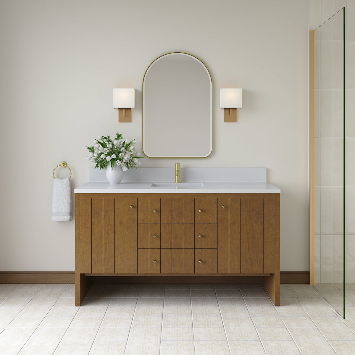 James Martin Hudson 60" Single Bathroom Vanity, Honey Oak with White Zeus (Single Hole) countertop
