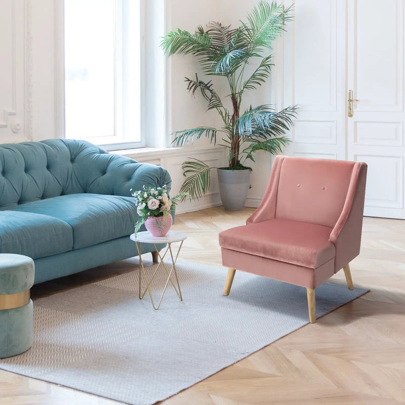 Velvet Wing Back Accent Chair with Rubber Wood Legs and Padded Seat for Living Room-Pink by DirectDeals