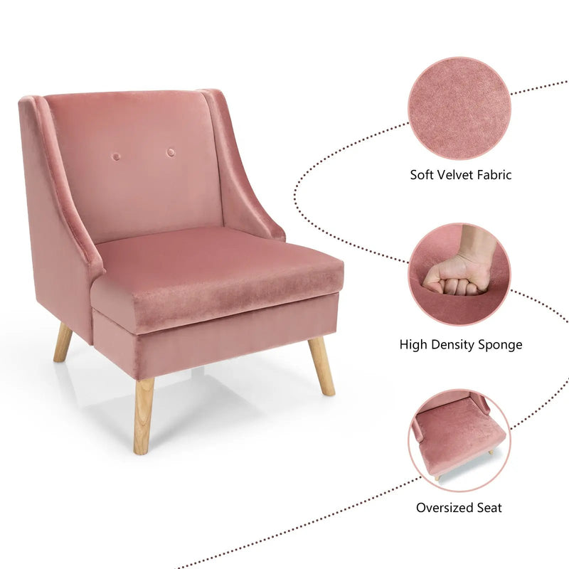 Velvet Wing Back Accent Chair with Rubber Wood Legs and Padded Seat for Living Room-Pink by DirectDeals