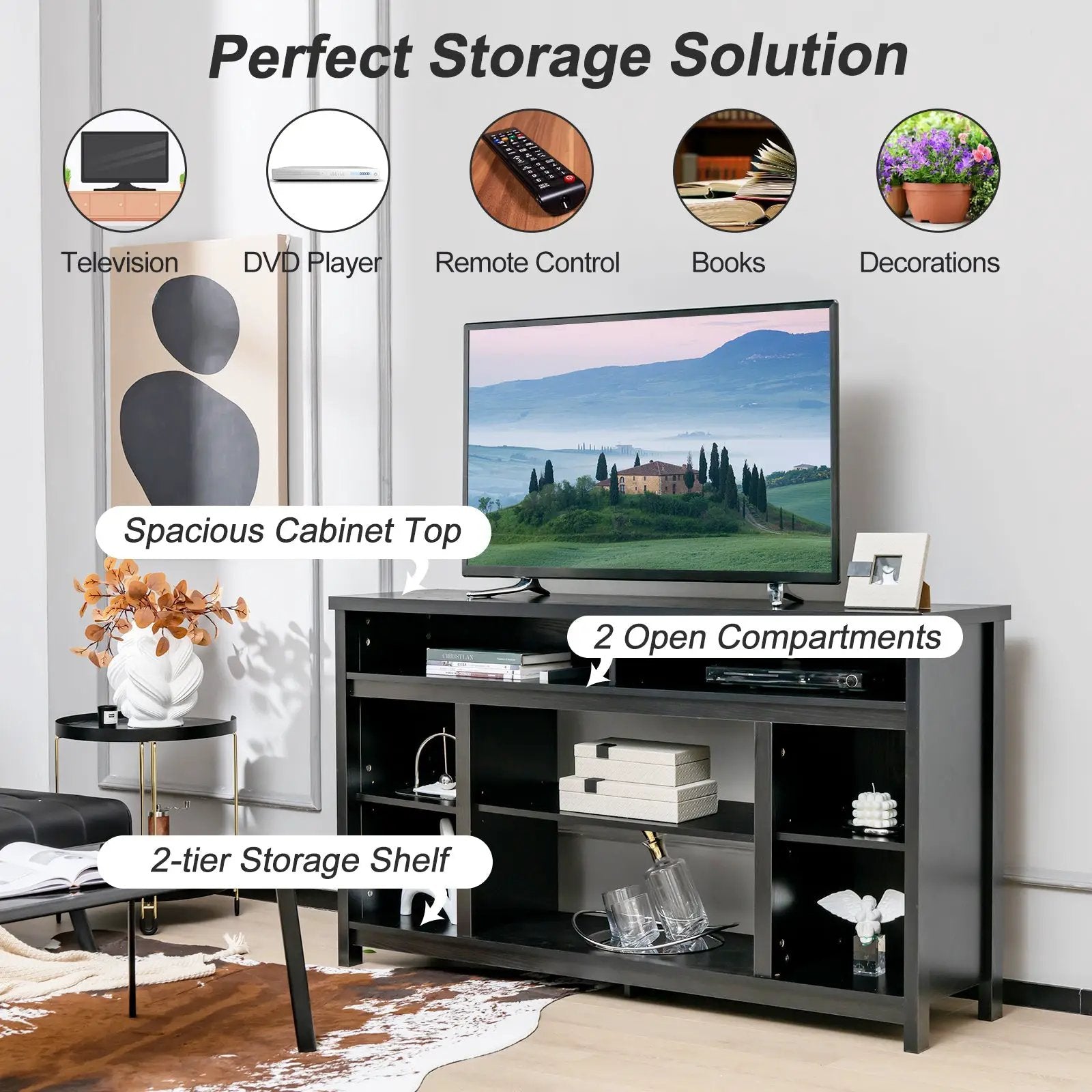 58 Inch TV Stand Entertainment Console Center with Adjustable Open Shelves-Black by DirectDeals