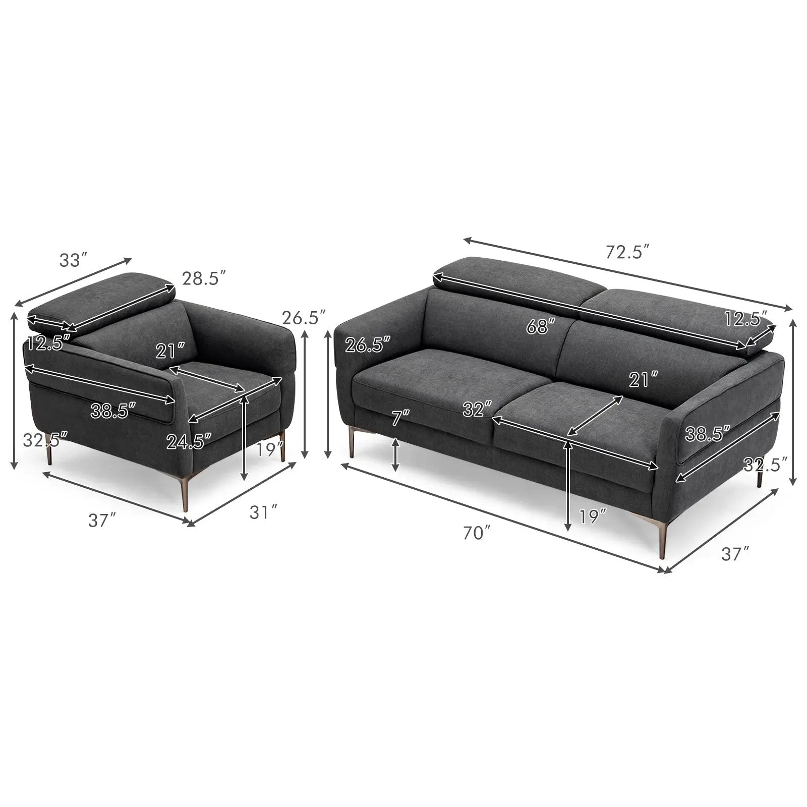 Modern Couched Sofa set with Adjustable Headrest by DirectDeals