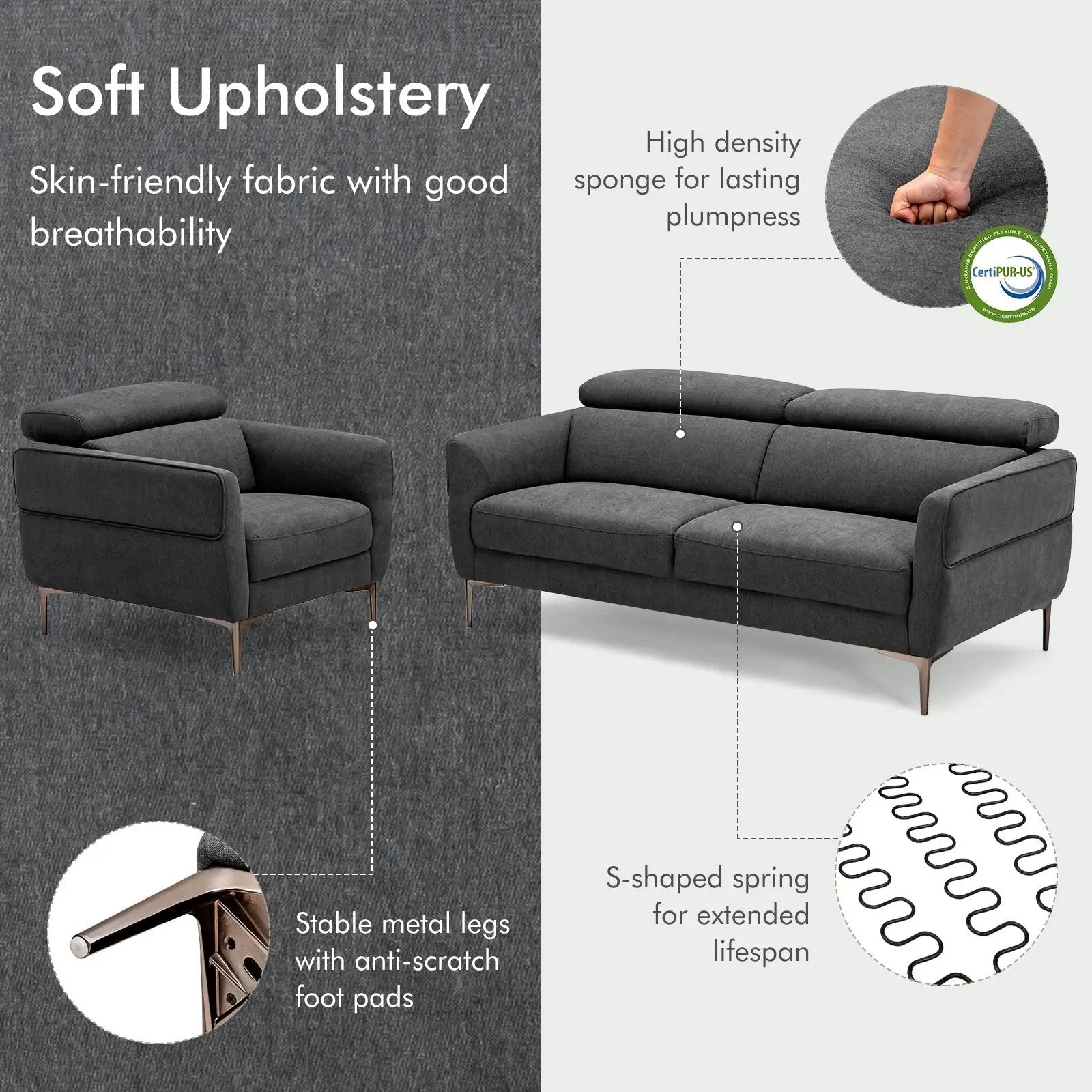 Modern Couched Sofa set with Adjustable Headrest by DirectDeals