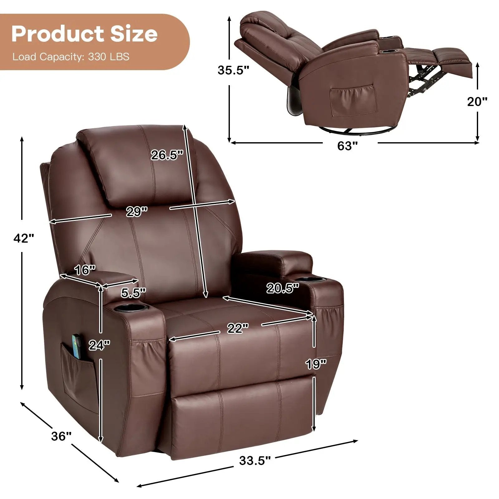 360-Degree Swivel Massage Recliner Chair with Remote Control for Home-Brown by DirectDeals