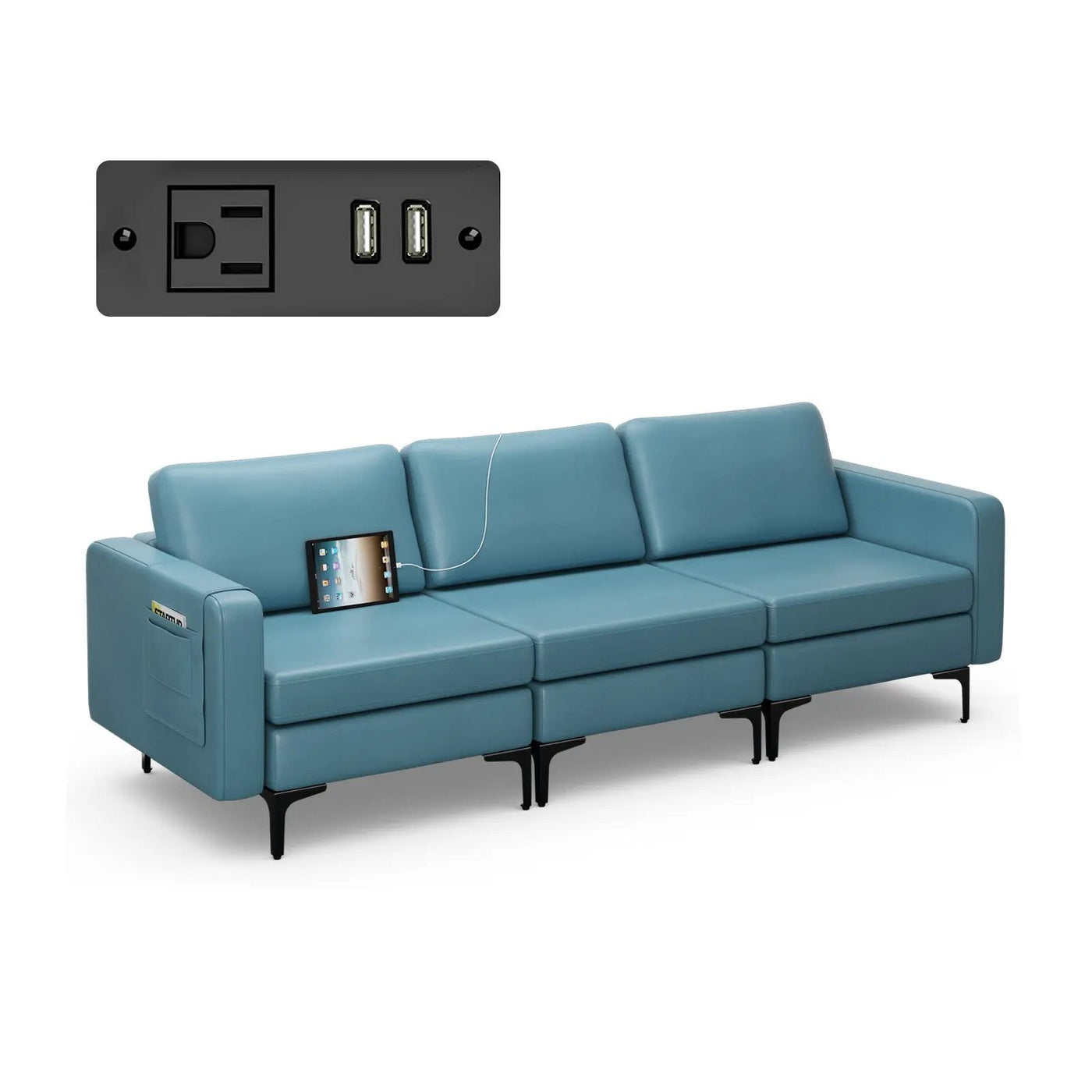 Convertible Leather Sofa Couch with Magazine Pockets 3-Seat with 2 USB Port by DirectDeals
