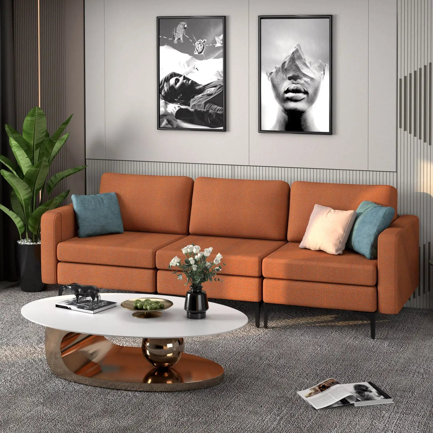 Convertible Leather Sofa Couch with Magazine Pockets 3-Seat with 2 USB Port by DirectDeals