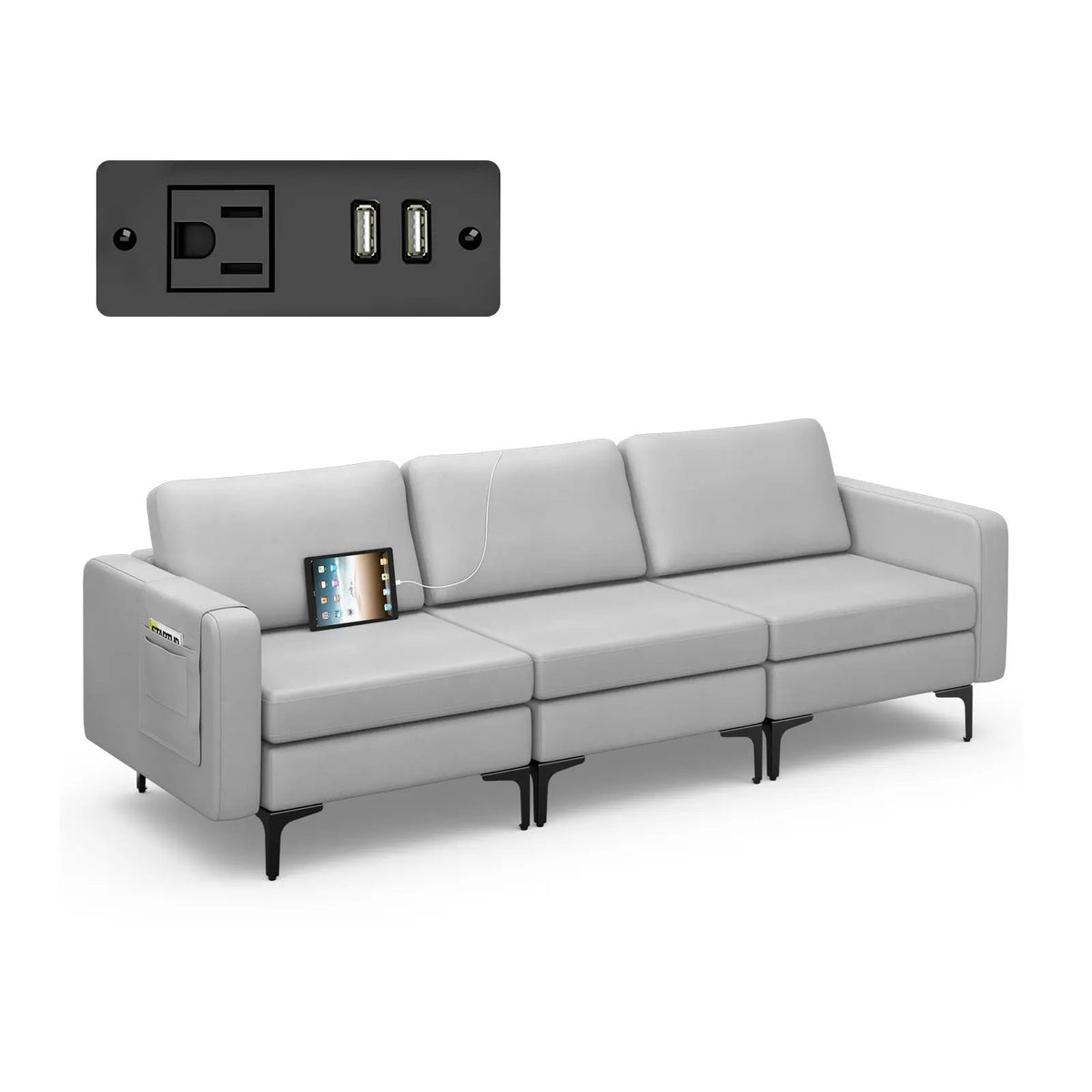 Convertible Leather Sofa Couch with Magazine Pockets 3-Seat with 2 USB Port by DirectDeals