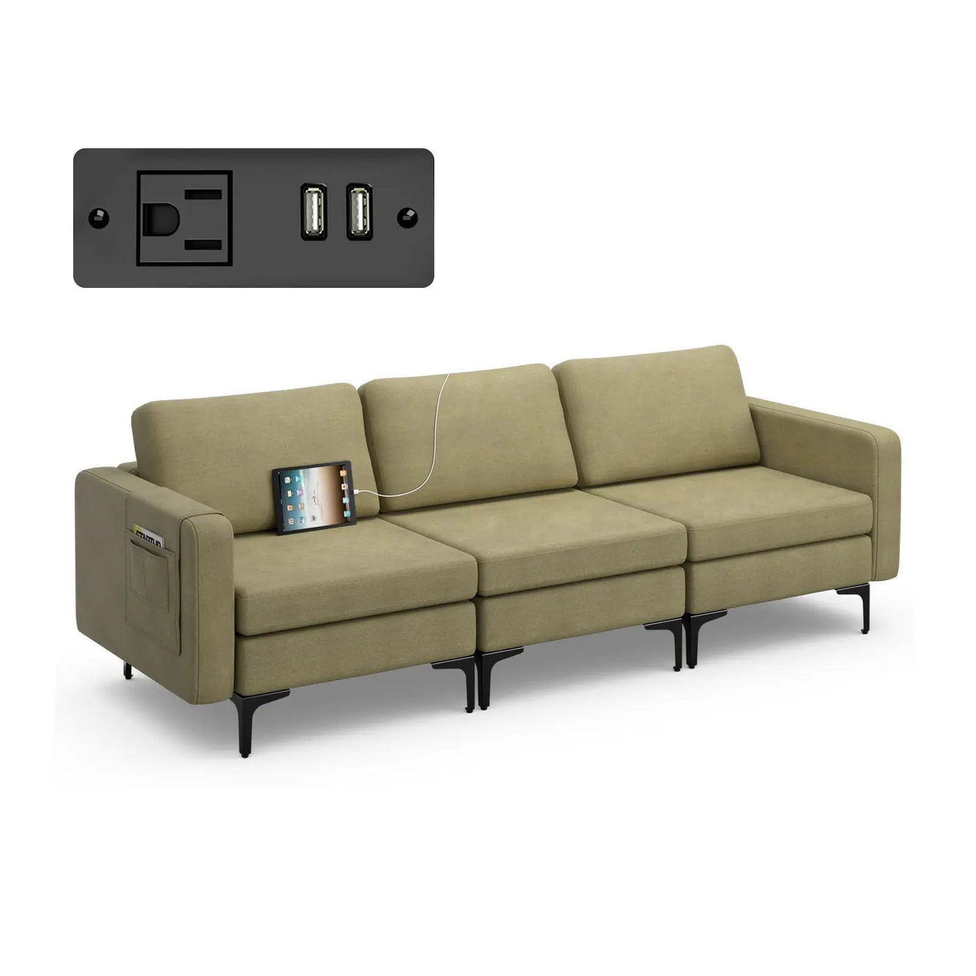 Convertible Leather Sofa Couch with Magazine Pockets 3-Seat with 2 USB Port by DirectDeals