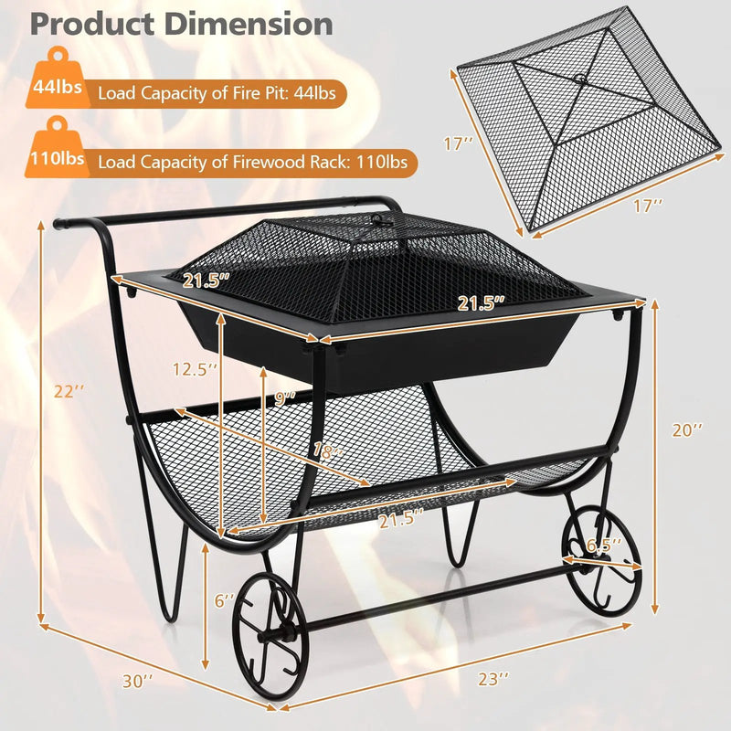 Outdoor Wood Burning Fire Pit with Log Storage Rack and Wheels by DirectDeals