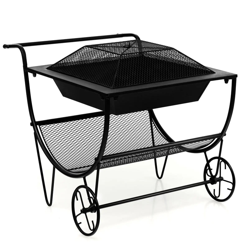 Outdoor Wood Burning Fire Pit with Log Storage Rack and Wheels by DirectDeals