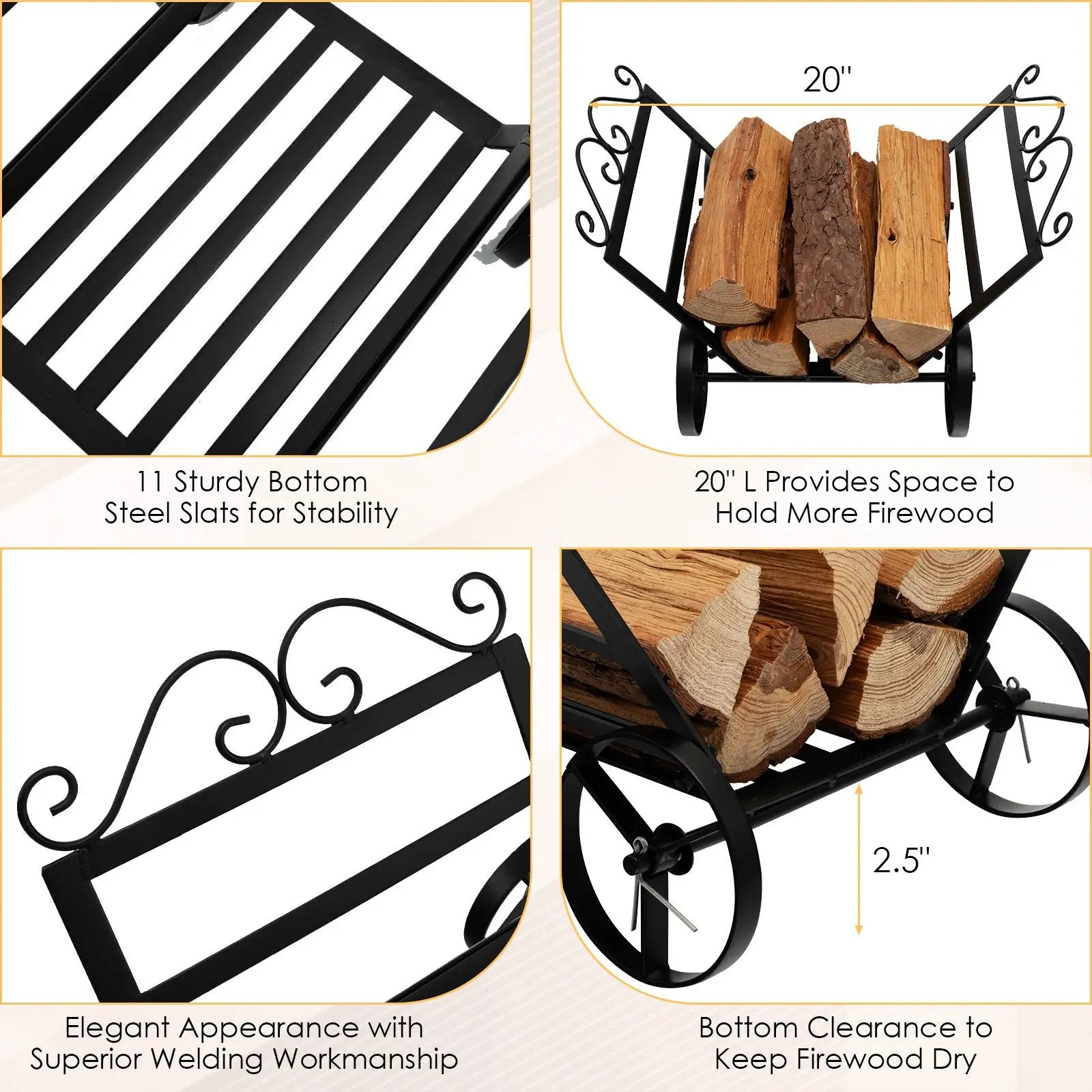Firewood Rack Decorative Rustproof Steel Fireplace Log Holder with Wheels by DirectDeals