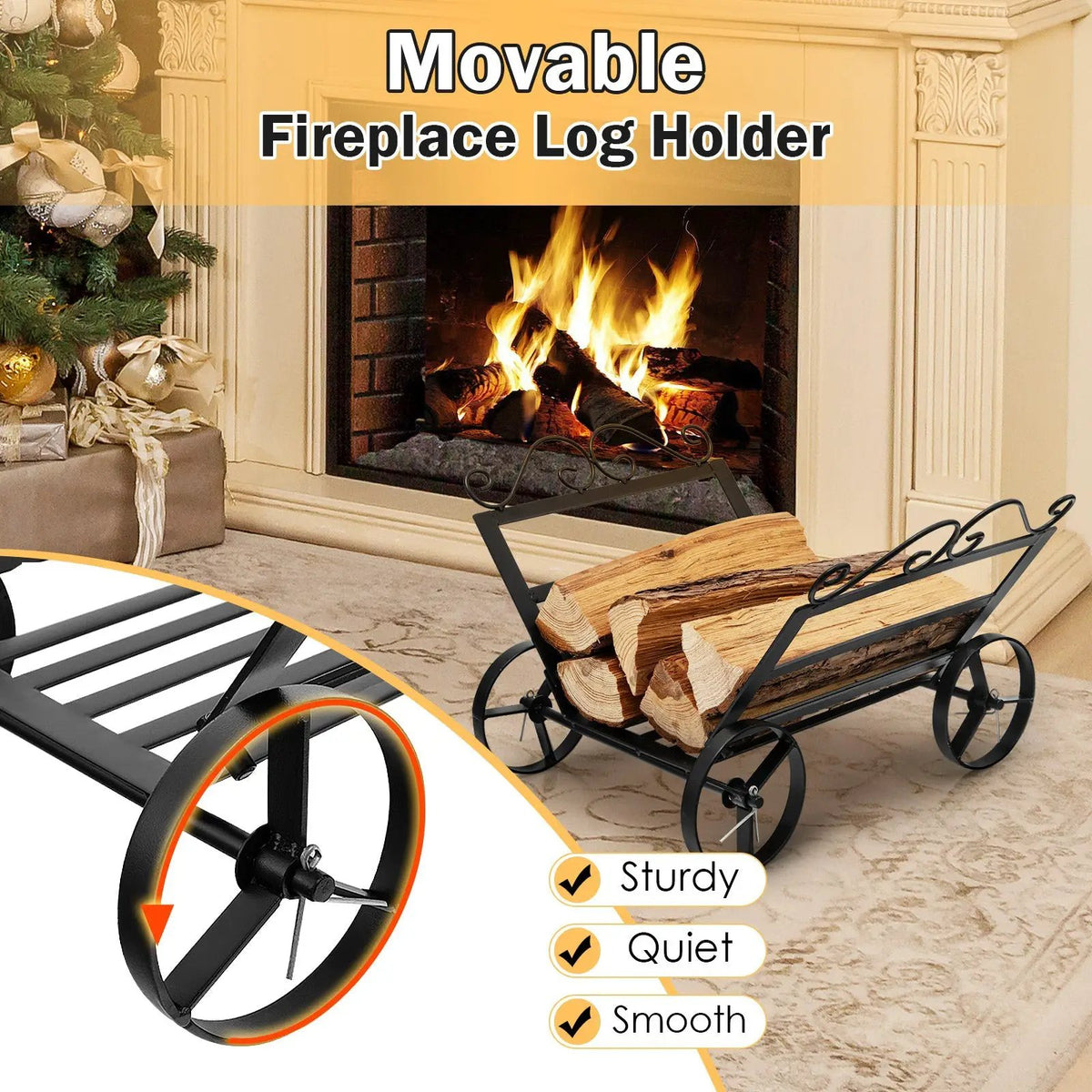 Firewood Rack Decorative Rustproof Steel Fireplace Log Holder with Wheels by DirectDeals