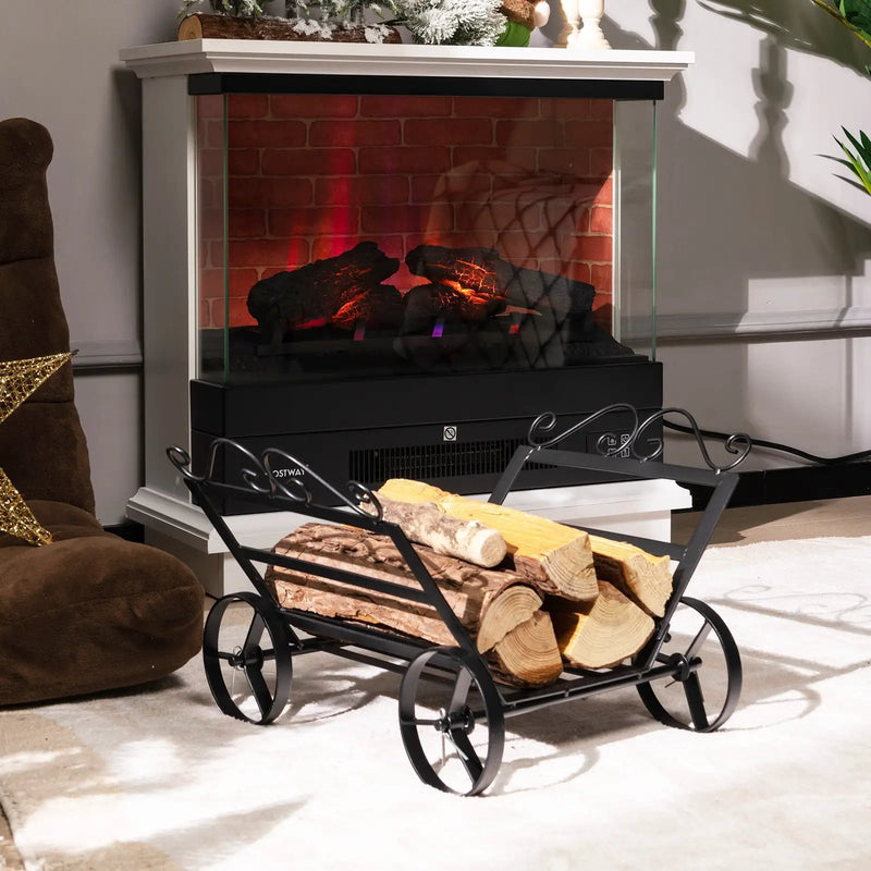 Firewood Rack Decorative Rustproof Steel Fireplace Log Holder with Wheels by DirectDeals