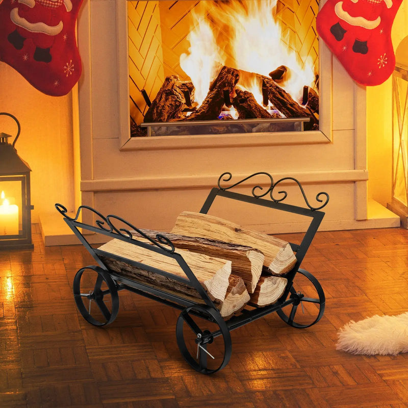 Firewood Rack Decorative Rustproof Steel Fireplace Log Holder with Wheels by DirectDeals