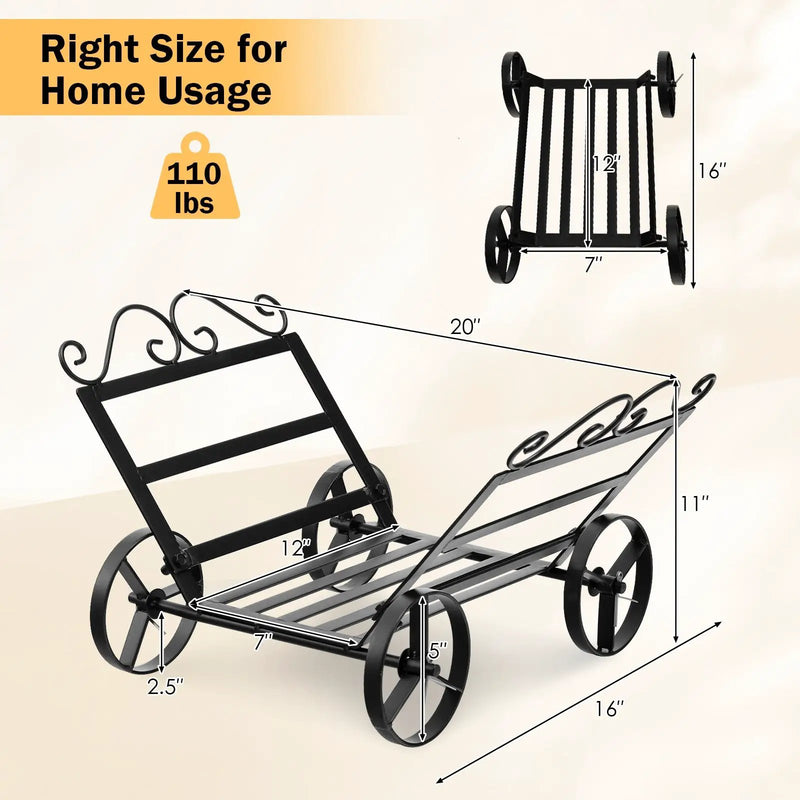 Firewood Rack Decorative Rustproof Steel Fireplace Log Holder with Wheels by DirectDeals