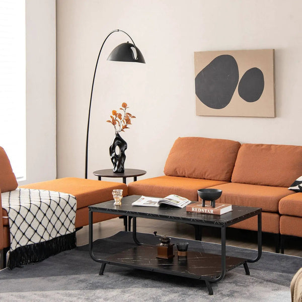 2-Tier Modern Marble Coffee Table with Storage Shelf for Living Room-Black, photo 2 of 8