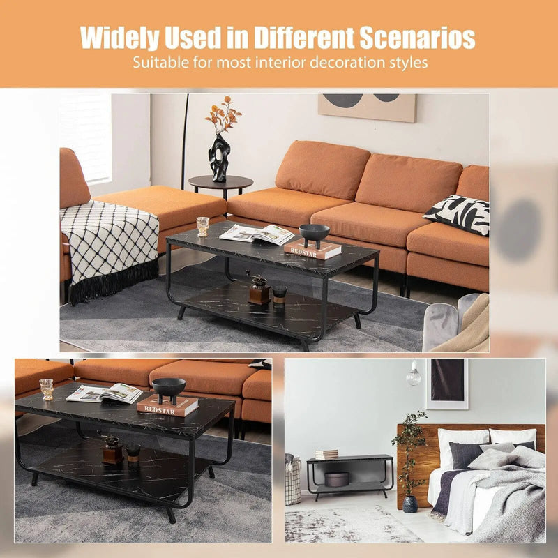 2-Tier Modern Marble Coffee Table with Storage Shelf for Living Room-Black by DirectDeals