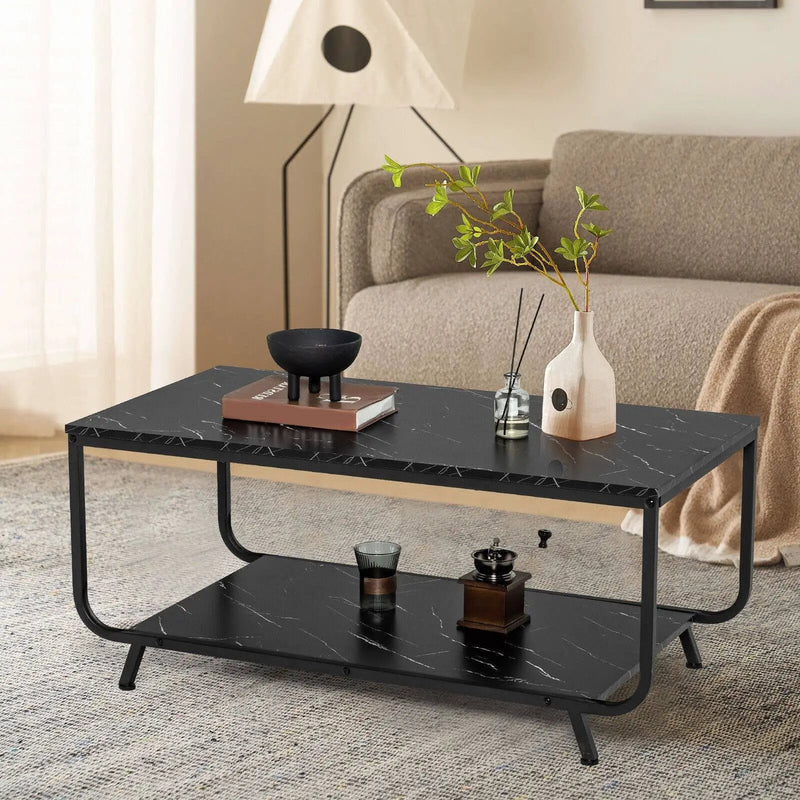 2-Tier Modern Marble Coffee Table with Storage Shelf for Living Room-Black by DirectDeals