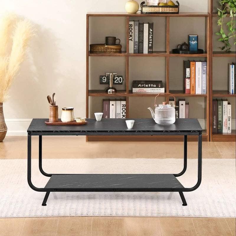 2-Tier Modern Marble Coffee Table with Storage Shelf for Living Room-Black by DirectDeals