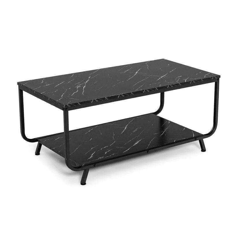 2-Tier Modern Marble Coffee Table with Storage Shelf for Living Room-Black by DirectDeals
