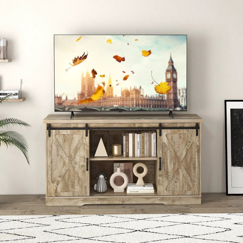 Farmhouse Entertainment Center with Adjustable Shelves and Storage Cabinet-Gray by DirectDeals