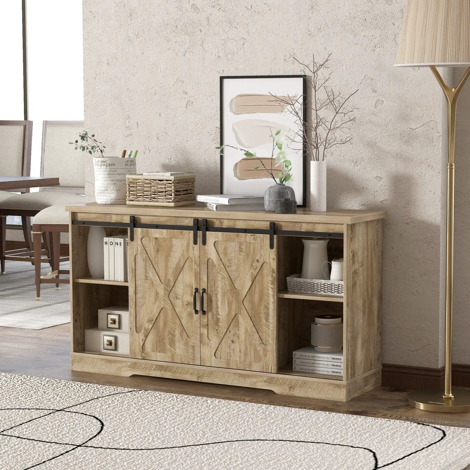 Farmhouse Entertainment Center with Adjustable Shelves and Storage Cabinet-Gray by DirectDeals