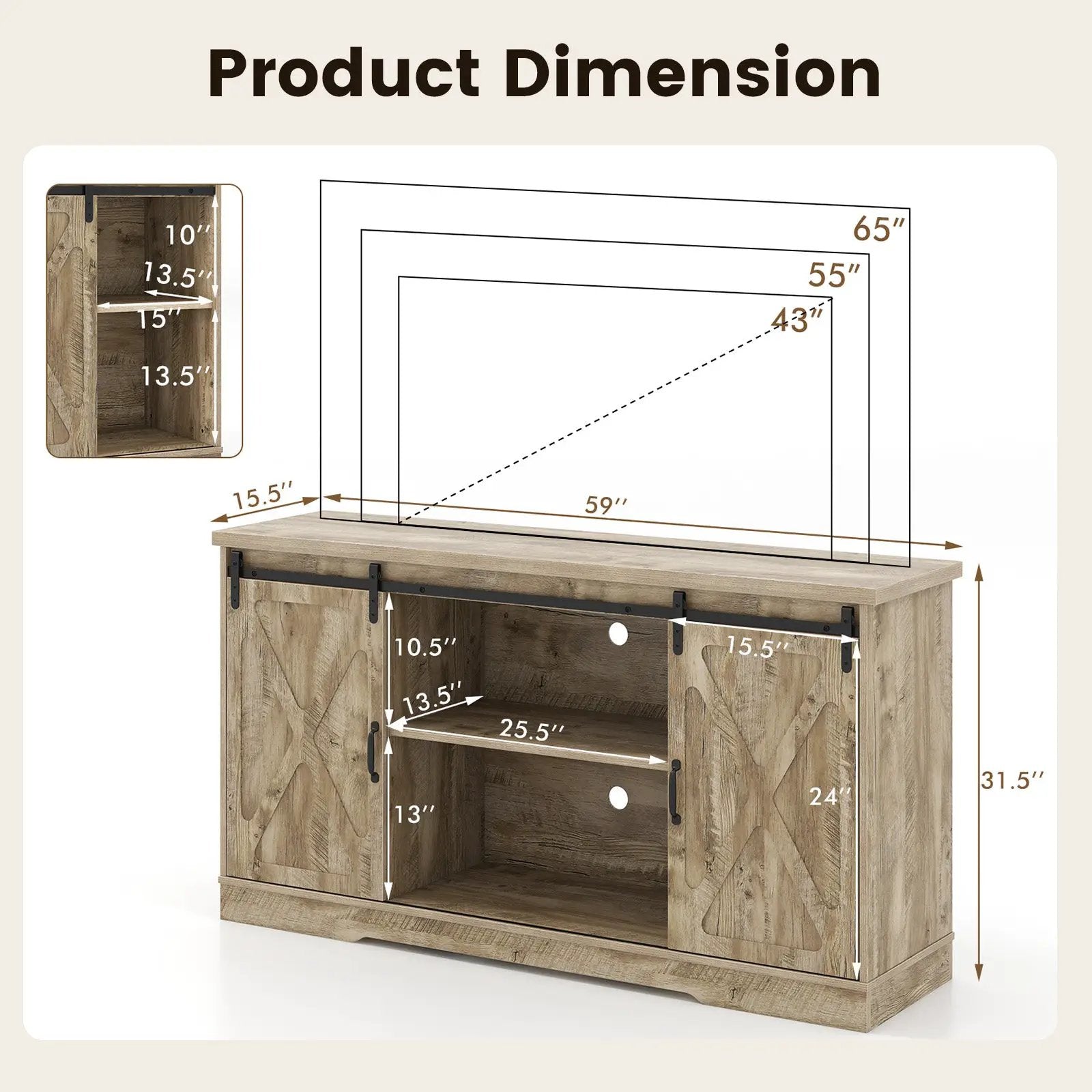 Farmhouse Entertainment Center with Adjustable Shelves and Storage Cabinet-Gray by DirectDeals